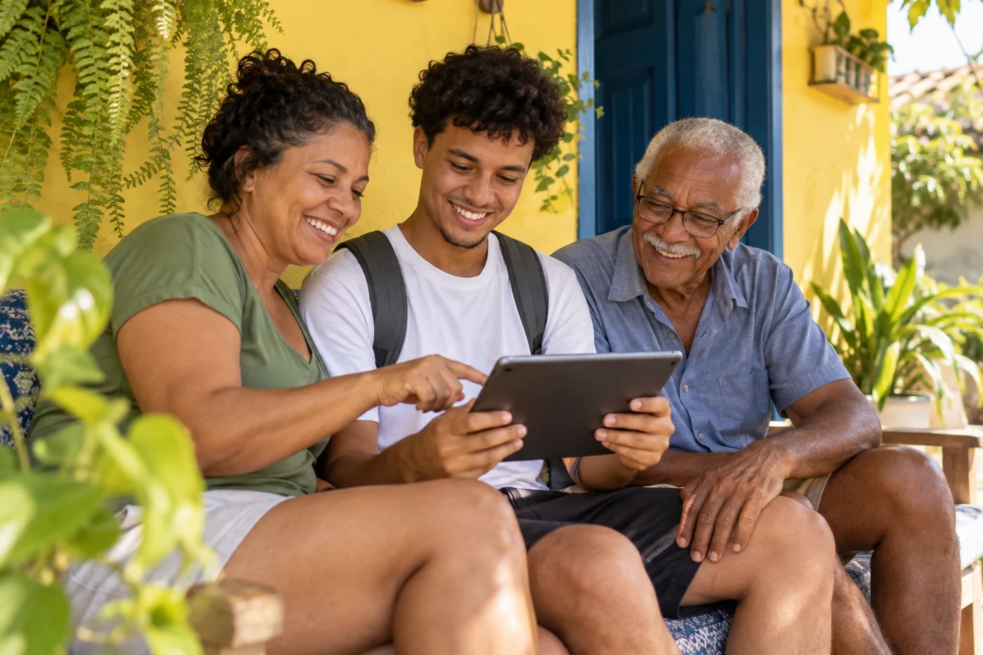 Imagem de campanha: brasileiros de diferentes gerações se conectando juntos