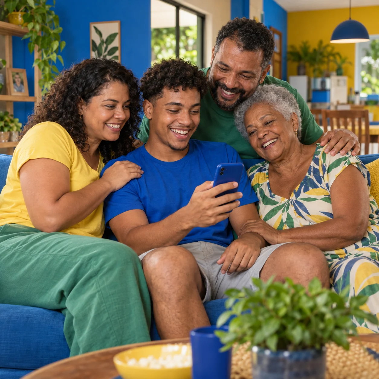 Imagem de campanha: família brasileira de diferentes gerações reunida com um celular