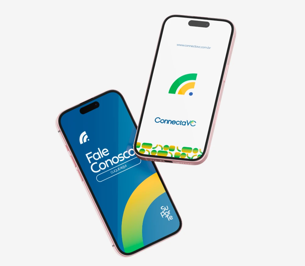 Conceito visual de dois smartphones com a identidade ConnectaVC; não representa um aplicativo disponível