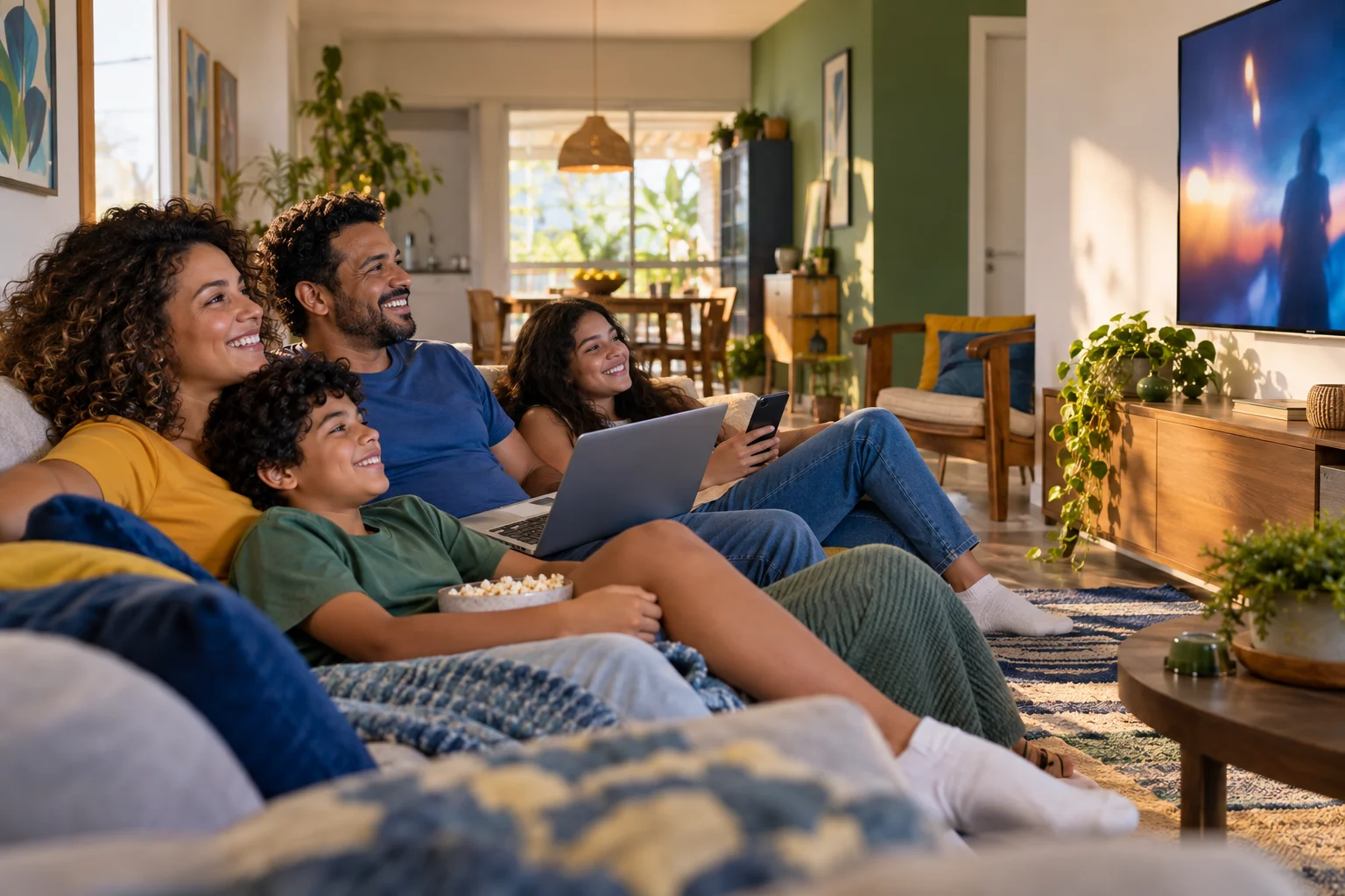 Imagem de campanha: família brasileira assistindo à televisão em casa
